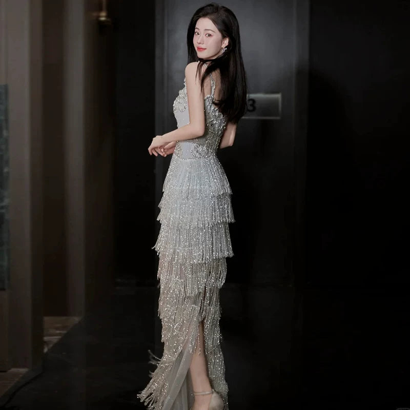 Cozy Spaghetti Strap Slit Silver Prom Dress Beading Tassel Sheath Evening Dress AP7148