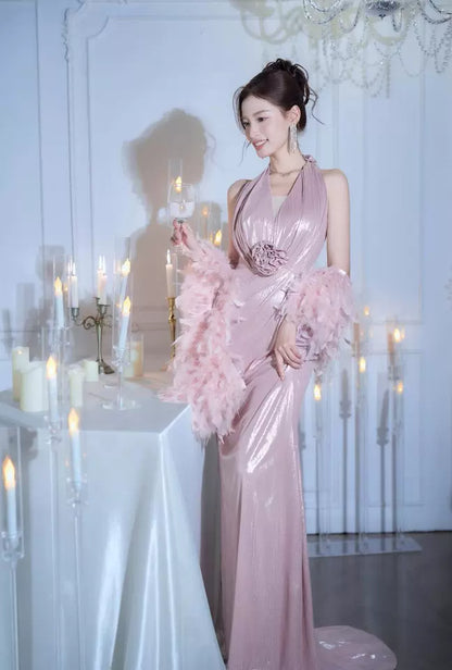 Victorian-Inspired Halter Neck Pink Prom Dress With Shawl Satin Appliques Mermaid Evening Dress AP7149