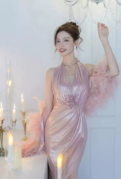 Victorian-Inspired Halter Neck Pink Prom Dress With Shawl Satin Appliques Mermaid Evening Dress AP7149
