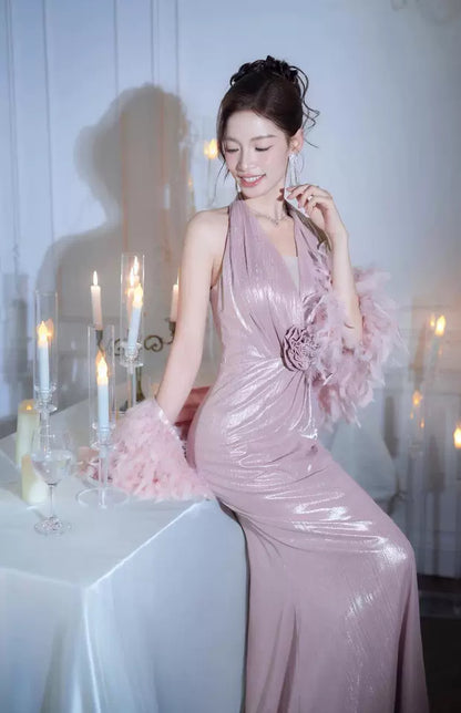 Victorian-Inspired Halter Neck Pink Prom Dress With Shawl Satin Appliques Mermaid Evening Dress AP7149