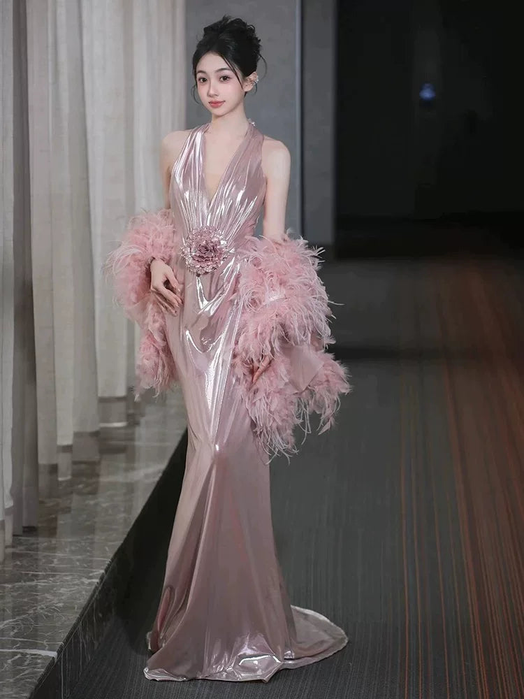 Victorian-Inspired Halter Neck Pink Prom Dress With Shawl Satin Appliques Mermaid Evening Dress AP7149