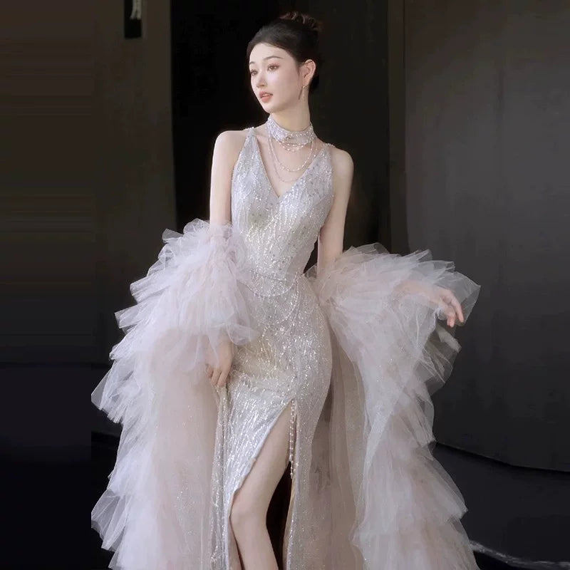 Classy Halter Neck Slit Silver Prom Dress With Shawl Beading Sequins Mermaid Evening Dress With Choker AP7150