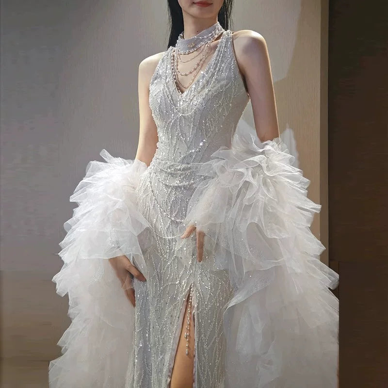 Classy Halter Neck Slit Silver Prom Dress With Shawl Beading Sequins Mermaid Evening Dress With Choker AP7150