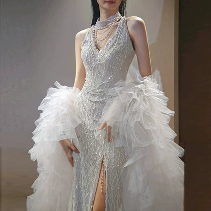 Classy Halter Neck Slit Silver Prom Dress With Shawl Beading Sequins Mermaid Evening Dress With Choker AP7150