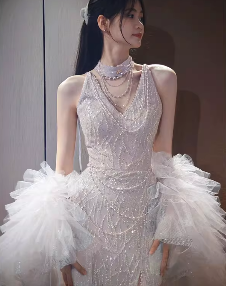 Classy Halter Neck Slit Silver Prom Dress With Shawl Beading Sequins Mermaid Evening Dress With Choker AP7150