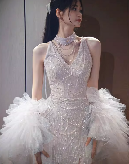 Classy Halter Neck Slit Silver Prom Dress With Shawl Beading Sequins Mermaid Evening Dress With Choker AP7150