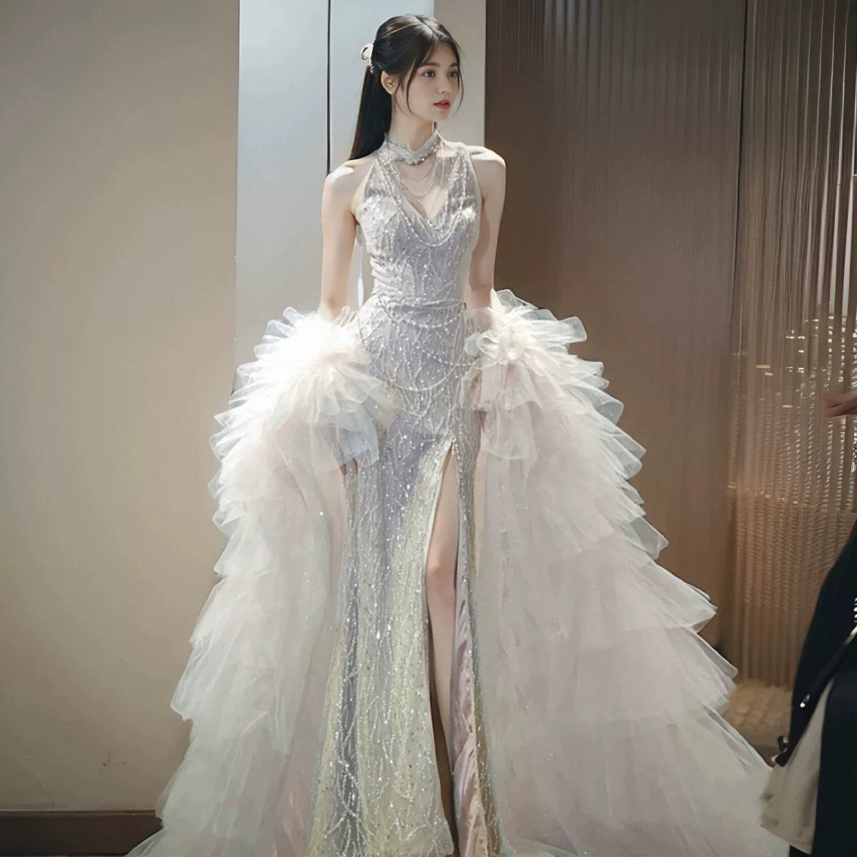 Classy Halter Neck Slit Silver Prom Dress With Shawl Beading Sequins Mermaid Evening Dress With Choker AP7150