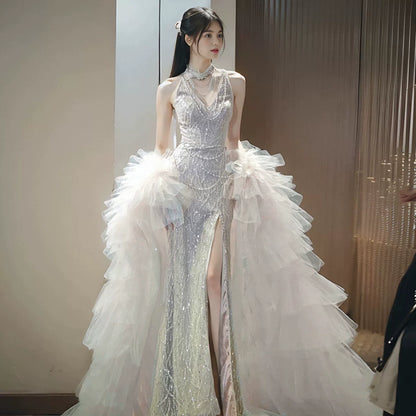 Classy Halter Neck Slit Silver Prom Dress With Shawl Beading Sequins Mermaid Evening Dress With Choker AP7150