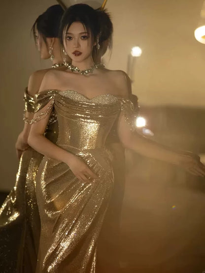 Lustrous Off-Shoulder Gold Prom Dress Sequins Beading Sheath Evening Dress AP7151