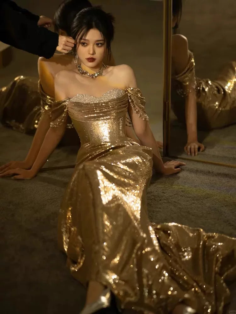 Lustrous Off-Shoulder Gold Prom Dress Sequins Beading Sheath Evening Dress AP7151