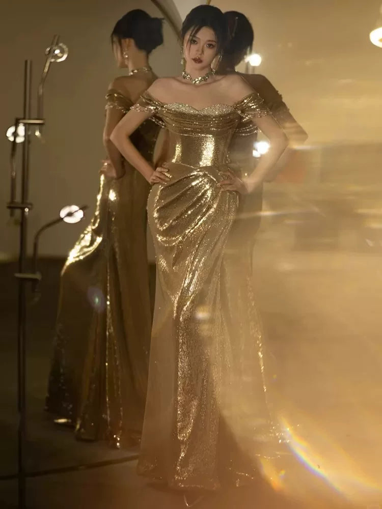 Lustrous Off-Shoulder Gold Prom Dress Sequins Beading Sheath Evening Dress AP7151