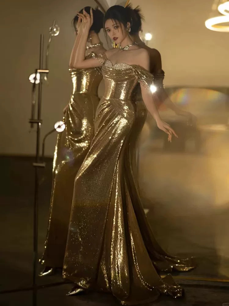 Lustrous Off-Shoulder Gold Prom Dress Sequins Beading Sheath Evening Dress AP7151