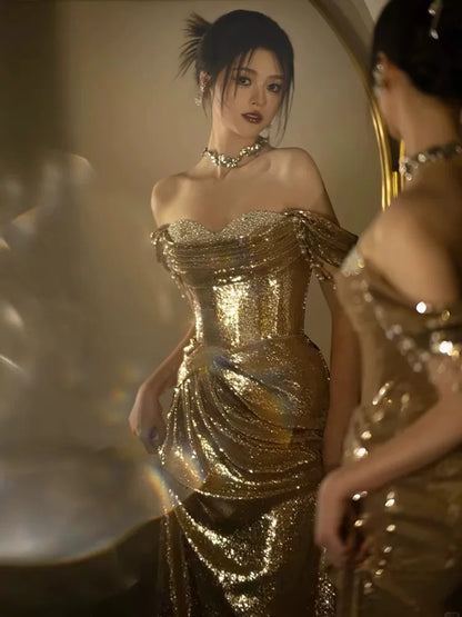 Lustrous Off-Shoulder Gold Prom Dress Sequins Beading Sheath Evening Dress AP7151