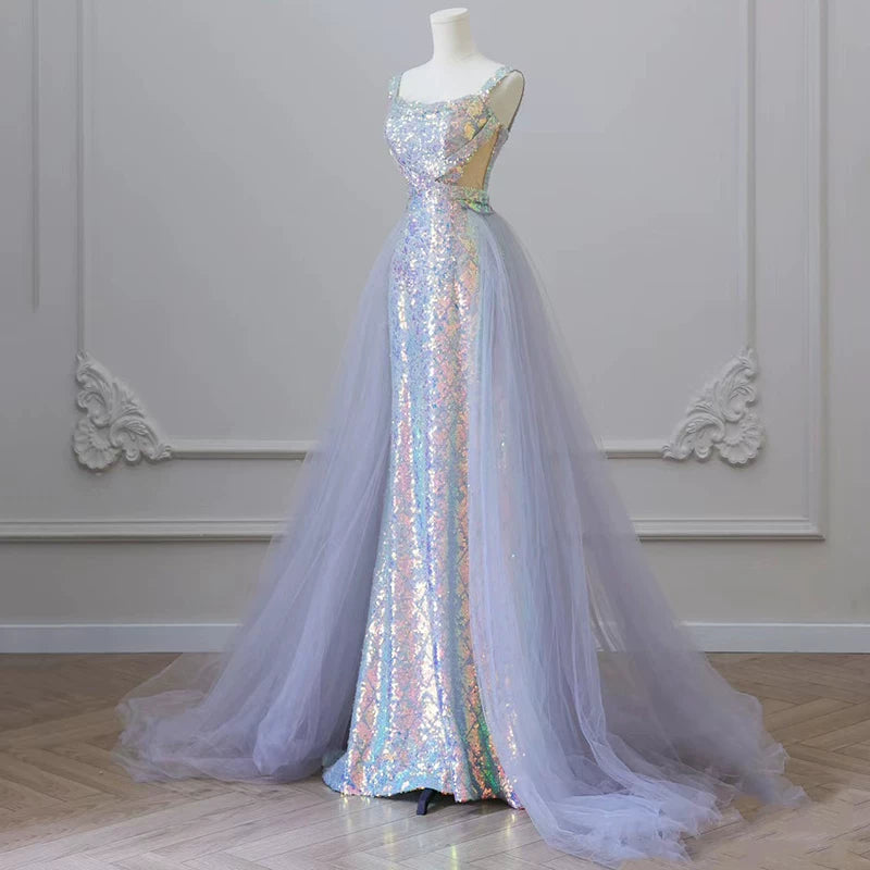 Modest Spaghetti Strap Mermaid Prom Dress Iridescent Sequin Tulle Evening Gown AP7152