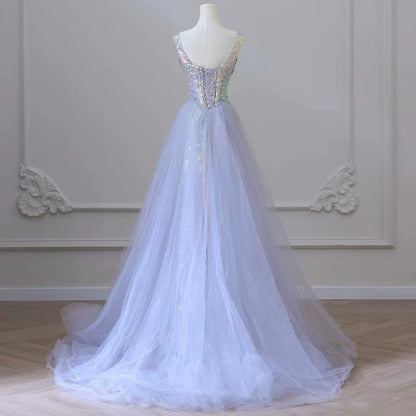 Modest Spaghetti Strap Mermaid Prom Dress Iridescent Sequin Tulle Evening Gown AP7152