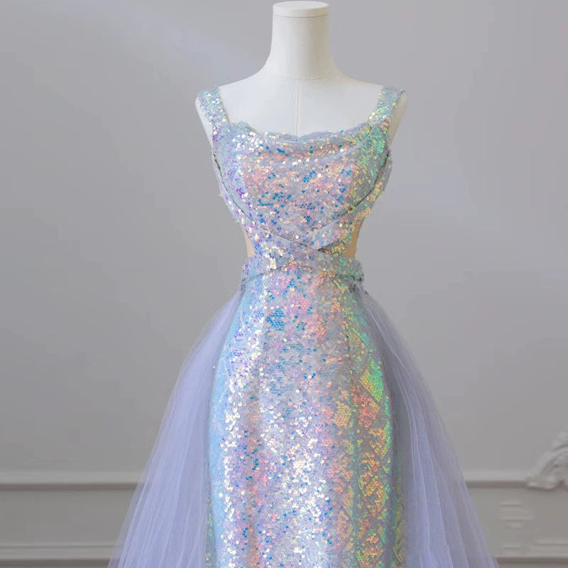 Modest Spaghetti Strap Mermaid Prom Dress Iridescent Sequin Tulle Evening Gown AP7152