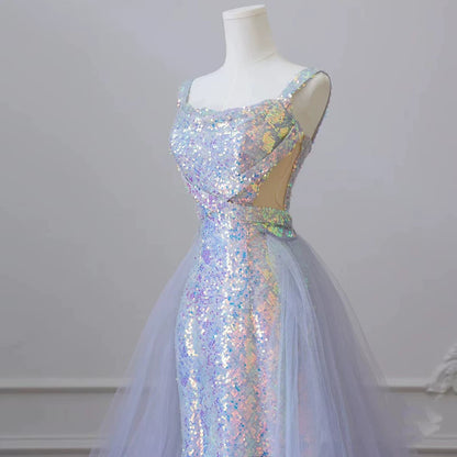 Modest Spaghetti Strap Mermaid Prom Dress Iridescent Sequin Tulle Evening Gown AP7152