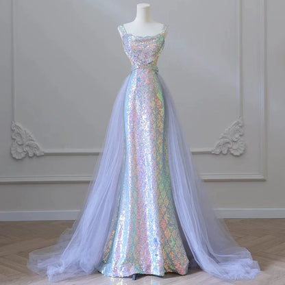 Modest Spaghetti Strap Mermaid Prom Dress Iridescent Sequin Tulle Evening Gown AP7152