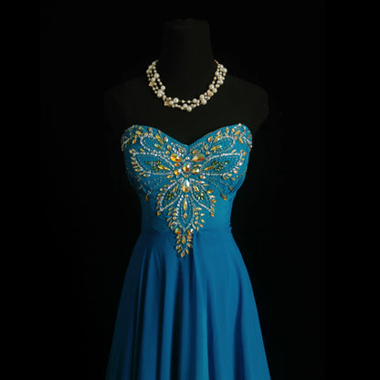 Showstopping Strapless Beaded Blue Prom Dress Sequins A-Line Evening Dress AP7153
