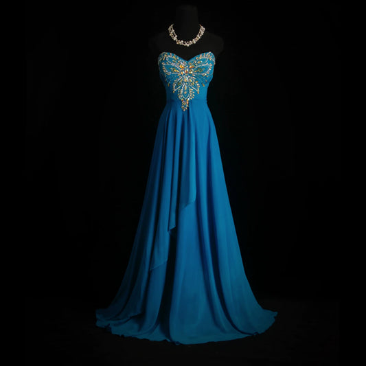 Showstopping Strapless Beaded Blue Prom Dress Sequins A-Line Evening Dress AP7153