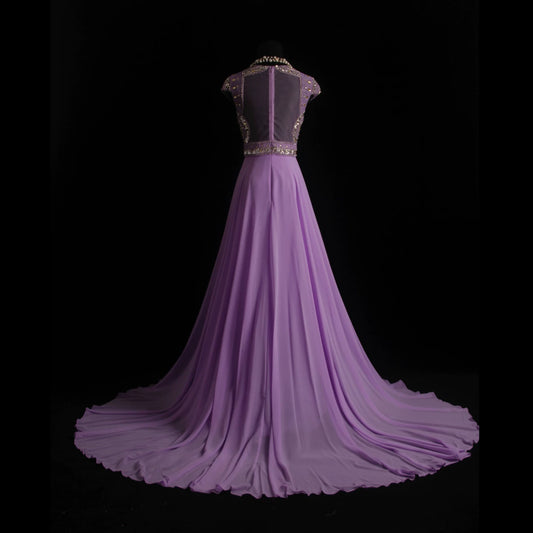 Standout Sequins Beading Lavender Prom Dress Sweetheart Neck A-Line Formal Outfit Short Sleeve Evening Gowns AP7155