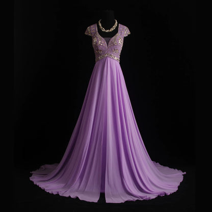 Standout Sequins Beading Lavender Prom Dress Sweetheart Neck A-Line Formal Outfit Short Sleeve Evening Gowns AP7155