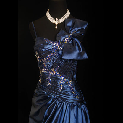 Custom Spaghetti Strap Pleated Blue Prom Dress Sequins Beading A-Line Evening Dress AP7156