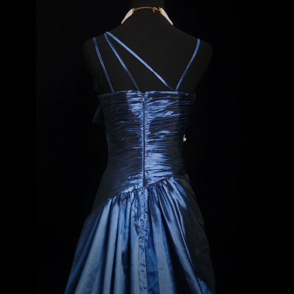 Custom Spaghetti Strap Pleated Blue Prom Dress Sequins Beading A-Line Evening Dress AP7156