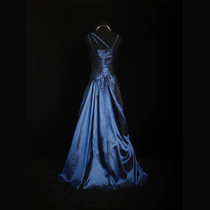 Custom Spaghetti Strap Pleated Blue Prom Dress Sequins Beading A-Line Evening Dress AP7156