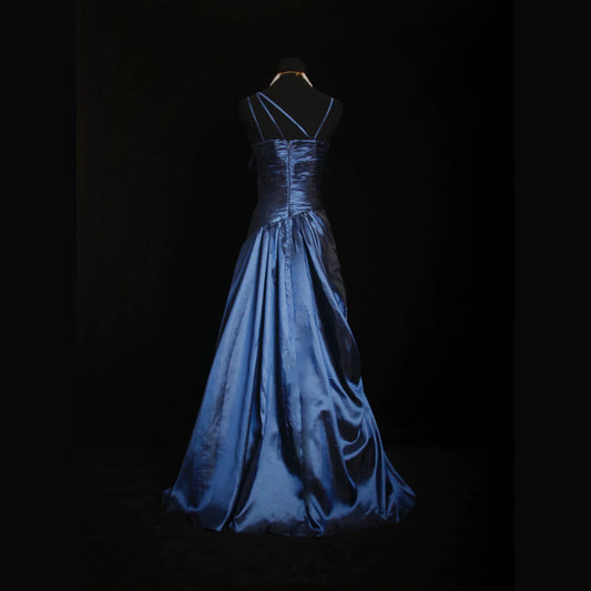 Custom Spaghetti Strap Pleated Blue Prom Dress Sequins Beading A-Line Evening Dress AP7156