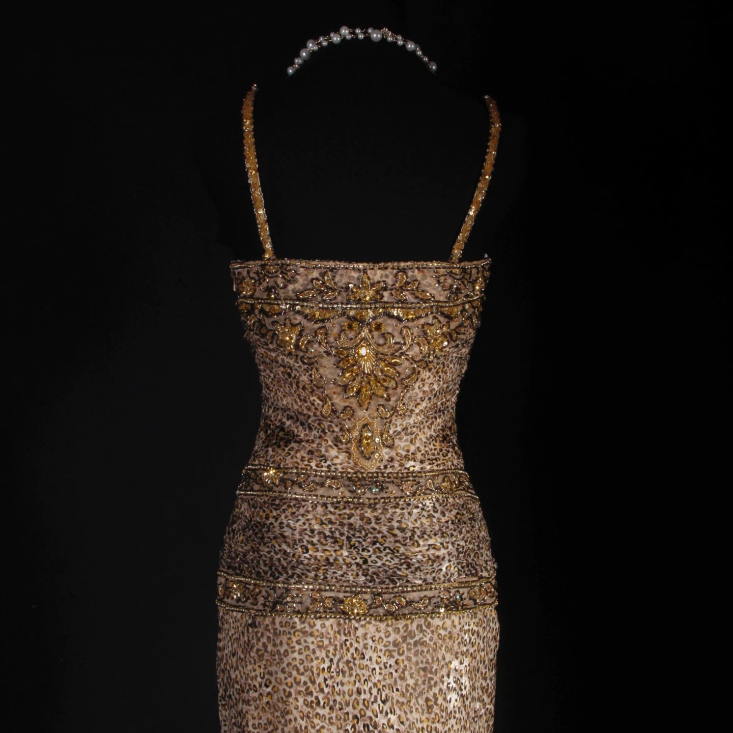 Celestial Spaghetti Strap Leopard Prom Dress Sequins Beading Sheath Evening Dress AP7157