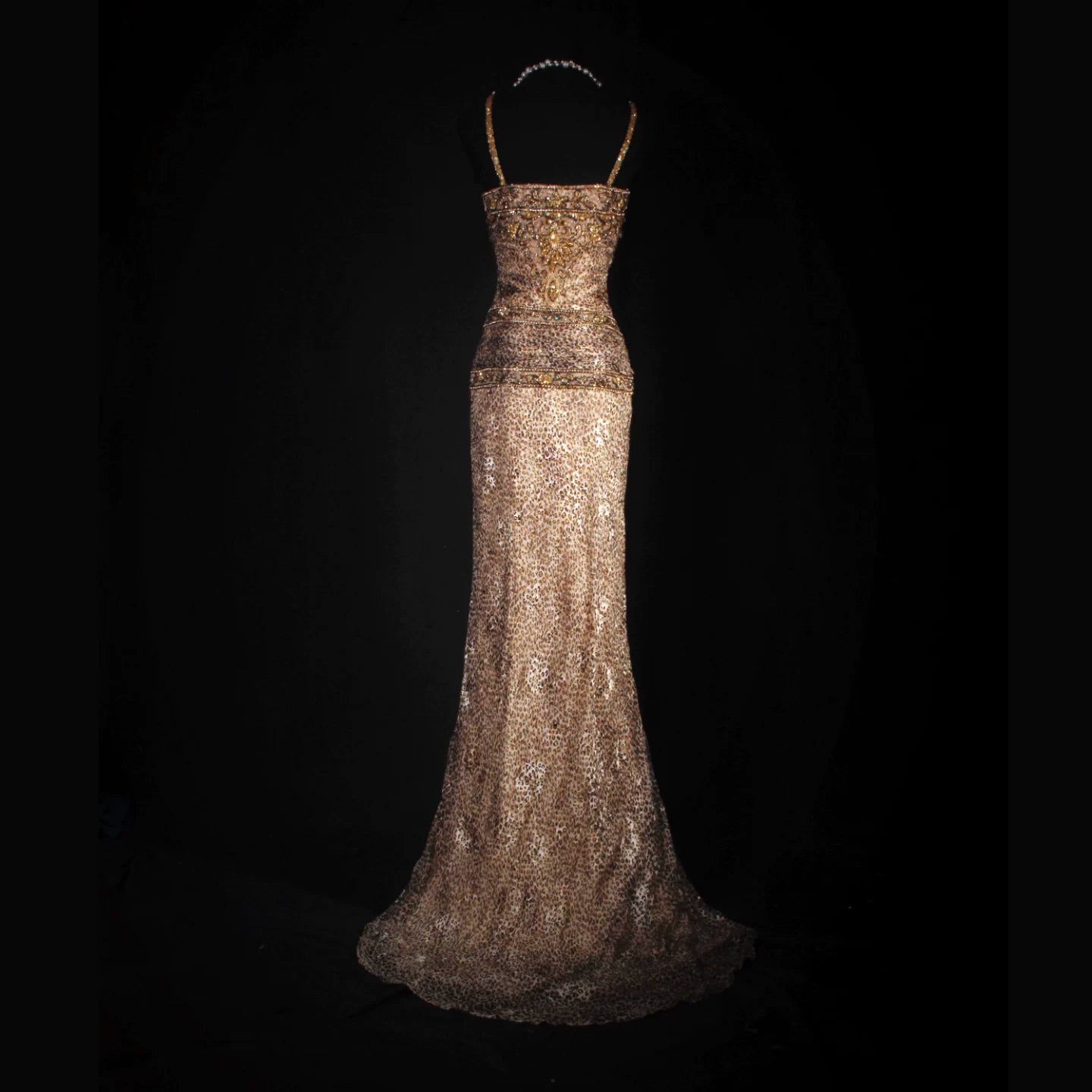 Celestial Spaghetti Strap Leopard Prom Dress Sequins Beading Sheath Evening Dress AP7157