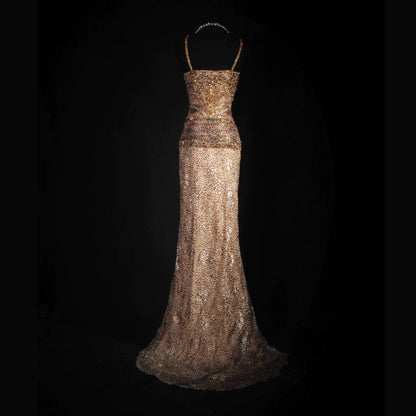 Celestial Spaghetti Strap Leopard Prom Dress Sequins Beading Sheath Evening Dress AP7157