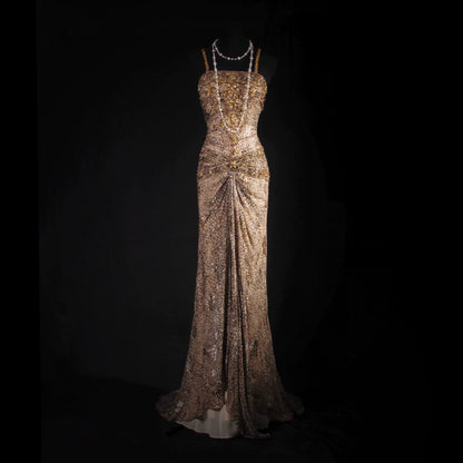 Celestial Spaghetti Strap Leopard Prom Dress Sequins Beading Sheath Evening Dress AP7157