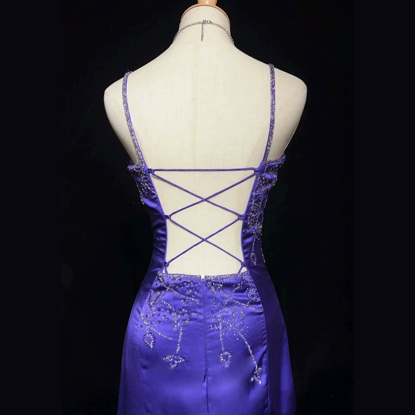 Romantic Spaghetti Strap Beaded Purple Prom Dress Sequins Mermaid Evening Dress AP7158