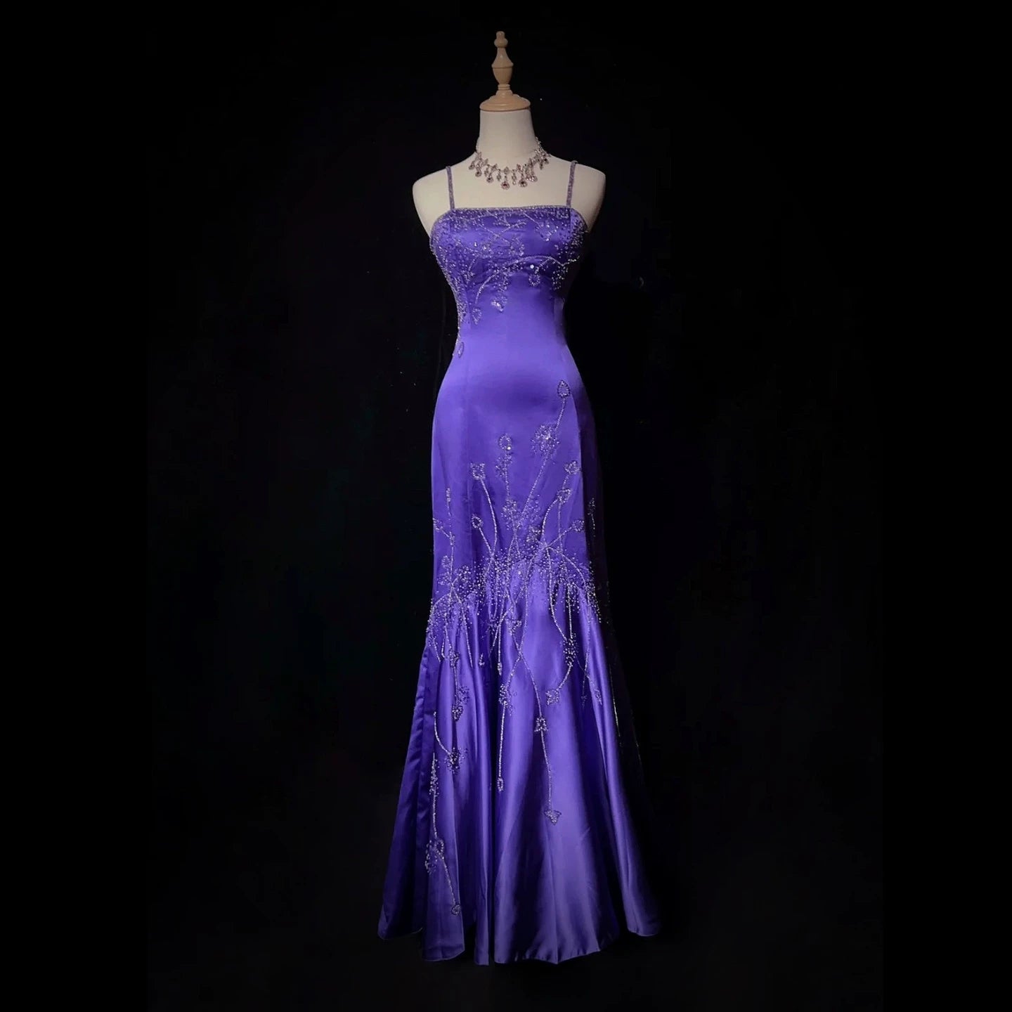 Romantic Spaghetti Strap Beaded Purple Prom Dress Sequins Mermaid Evening Dress AP7158