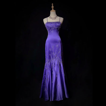 Romantic Spaghetti Strap Beaded Purple Prom Dress Sequins Mermaid Evening Dress AP7158