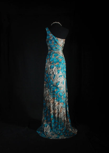 Ornate Beaded One Shoulder Teal Prom Dress Sequins Cutout Sheath Evening Dress AP7159