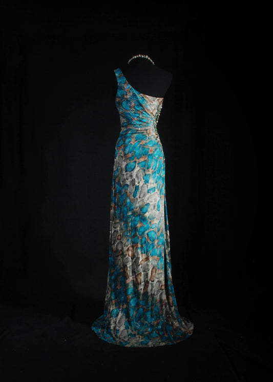 Ornate Beaded One Shoulder Teal Prom Dress Sequins Cutout Sheath Evening Dress AP7159