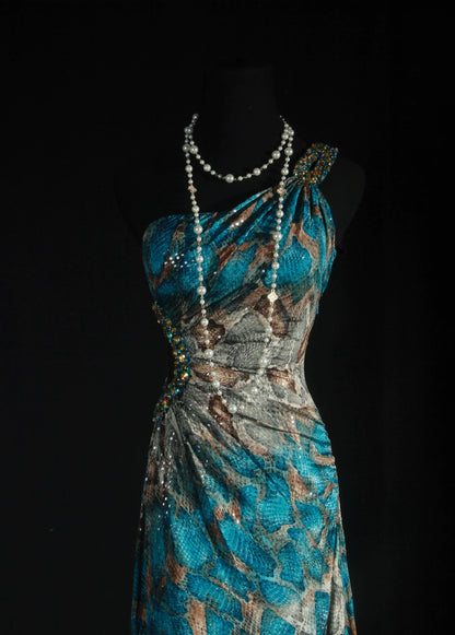 Ornate Beaded One Shoulder Teal Prom Dress Sequins Cutout Sheath Evening Dress AP7159