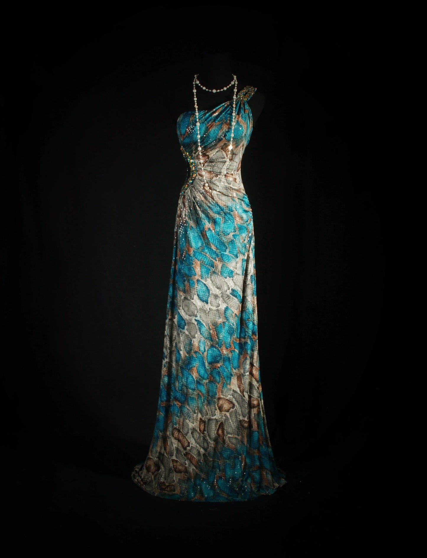 Ornate Beaded One Shoulder Teal Prom Dress Sequins Cutout Sheath Evening Dress AP7159
