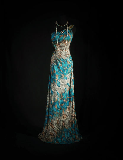 Ornate Beaded One Shoulder Teal Prom Dress Sequins Cutout Sheath Evening Dress AP7159
