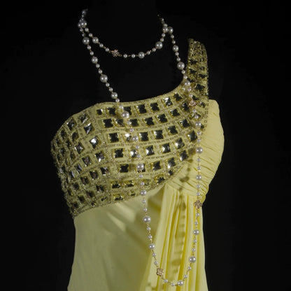 Fabulous One Shoulder Yellow Prom Dress Rhinestones Bodice Mermaid Evening Dress AP7160