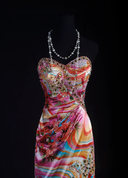 Chic Strapless Floral Prom Dress Beading Crystals Mermaid Evening Dress AP7161