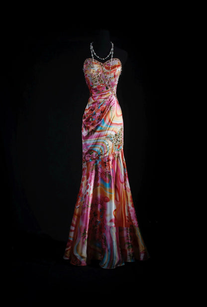 Chic Strapless Floral Prom Dress Beading Crystals Mermaid Evening Dress AP7161