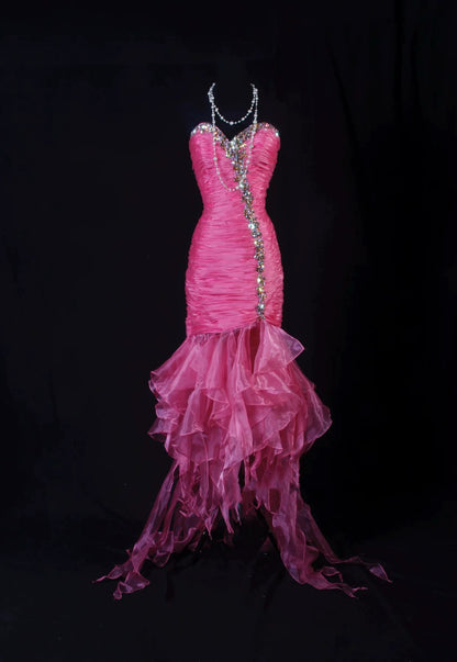 Luxurious Strapless Pink Prom Dress Crystals Sheath Ruffles Evening Dress AP7162