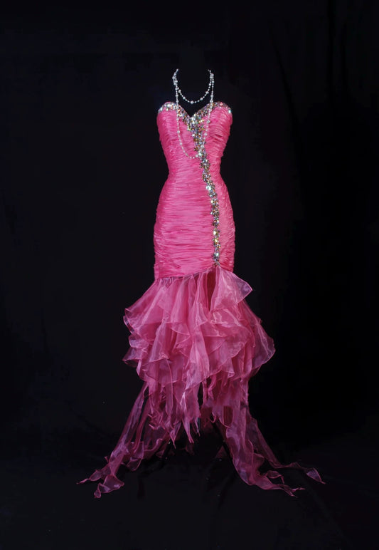 Luxurious Strapless Pink Prom Dress Crystals Sheath Ruffles Evening Dress AP7162