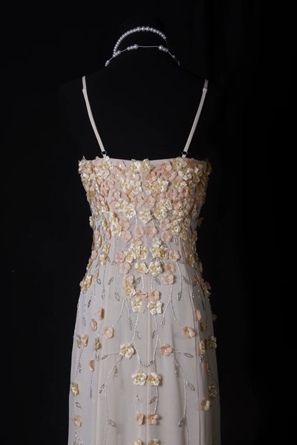 Graceful Spaghetti Strap Apricot Prom Dress Appliques Beads A-Line Evening Dress AP7164