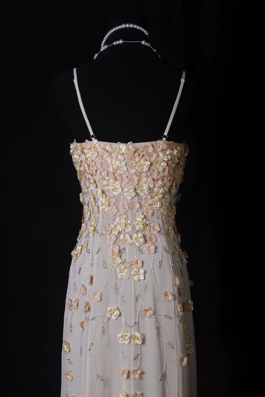 Graceful Spaghetti Strap Apricot Prom Dress Appliques Beads A-Line Evening Dress AP7164