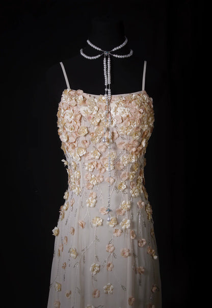 Graceful Spaghetti Strap Apricot Prom Dress Appliques Beads A-Line Evening Dress AP7164